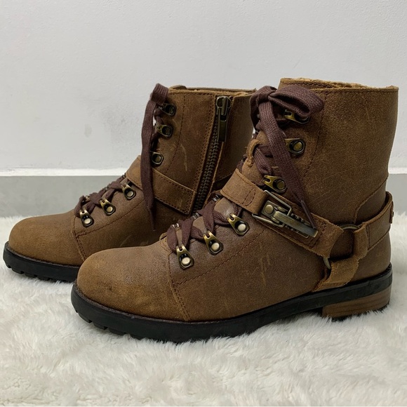UGG 1095652 Women's Brown Fritzi Leather Lace-Up Moto Ankle Boot